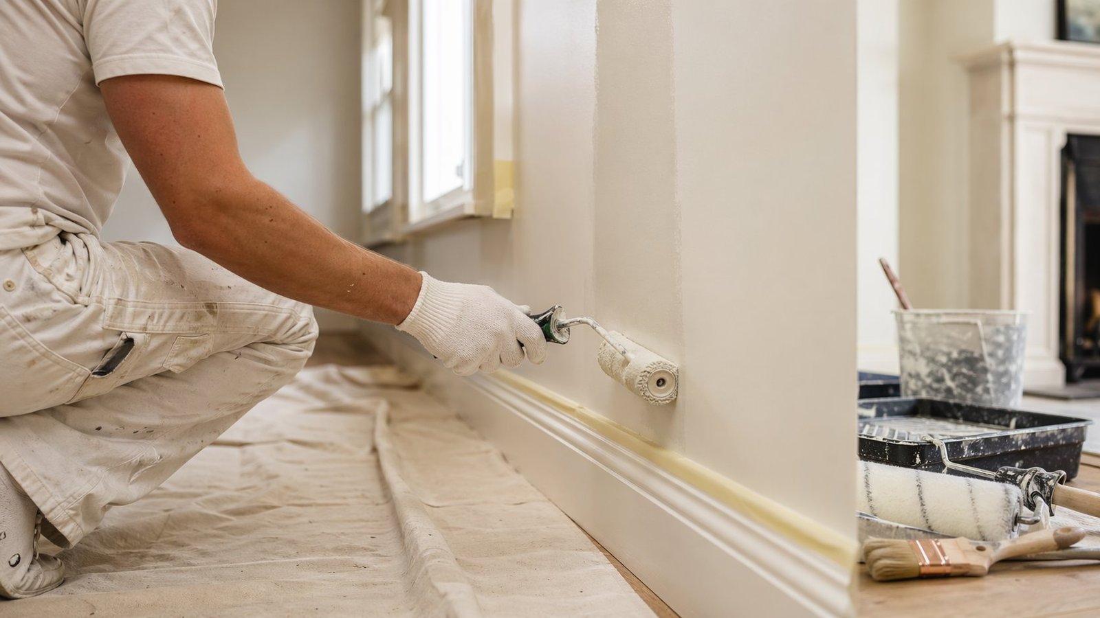 Decorator preparing an interior wall in a London property