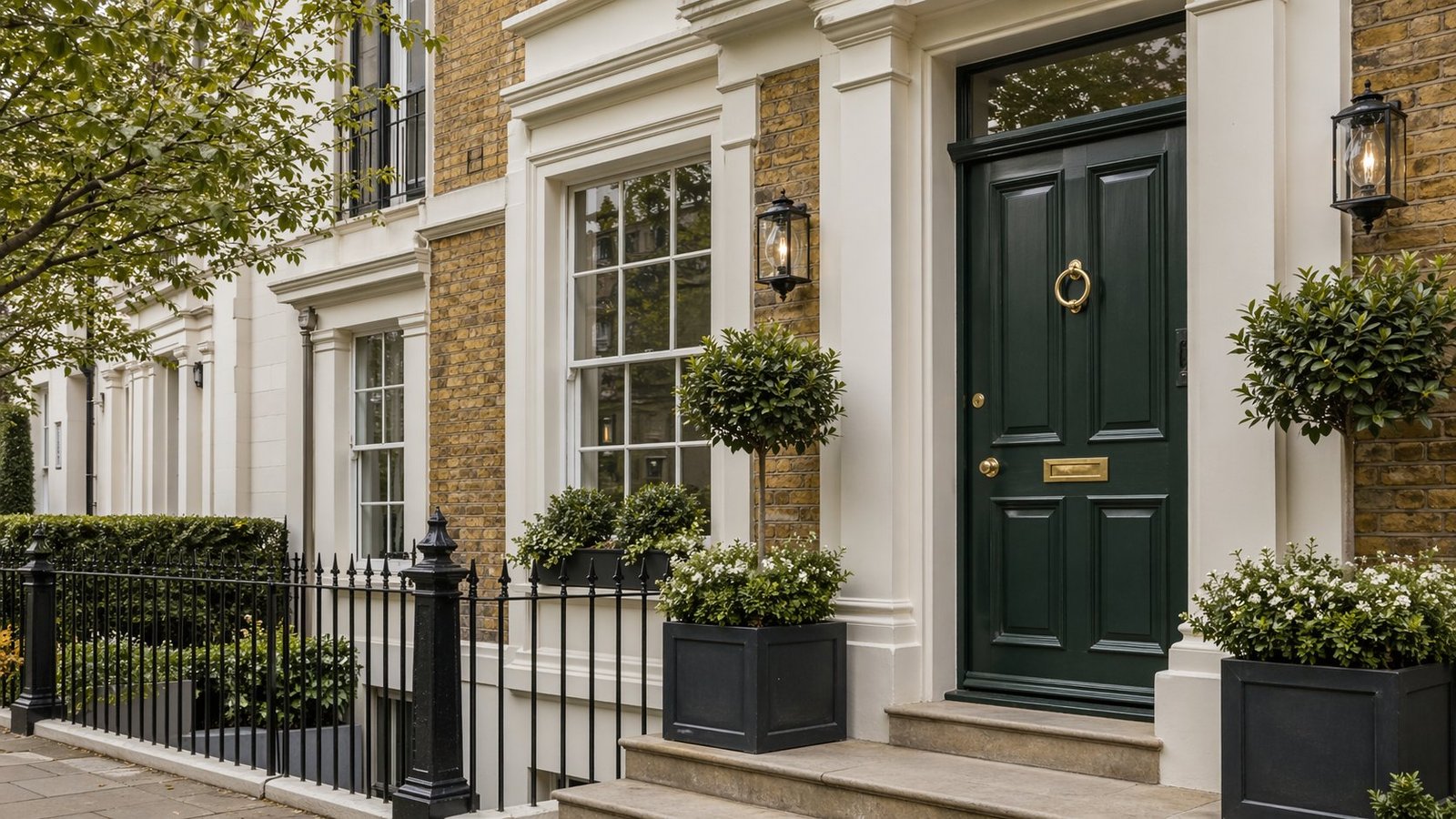 Refurbished London townhouse frontage with painted front door