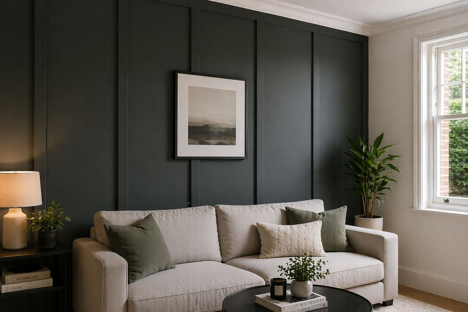 Dark panelled feature wall in a Notting Hill snug with cream sofa