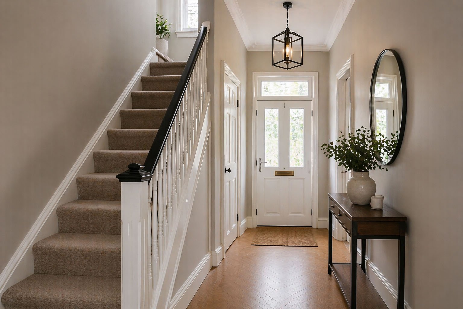 Bright refurbished Victorian hallway in Hampstead with painted balustrade and parquet flooring